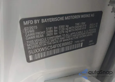 2015 BMW X4 xDrive35I from USA, damaged, VIN 5UXXW5C54F0E88882